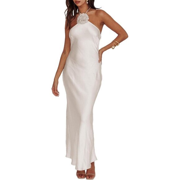 Dresses & Skirts - Women's White Summer Silk Sleeveless Cocktail Formal Backless Long Maxi